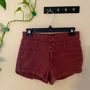 High-waisted maroon short shorts